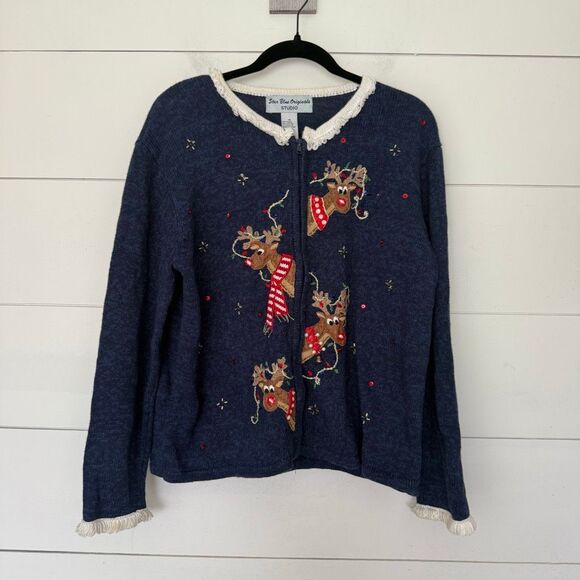 Star Blue Originals Women’s Medium Blue Reindeer Vintage Sweater Cardigan - Picture 1 of 4